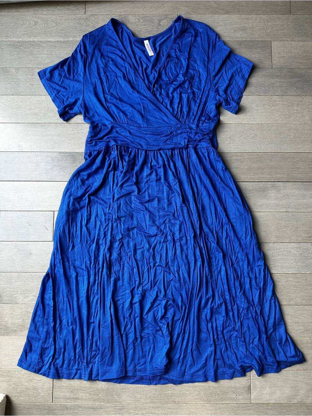 Women’s Blue Weaczzy Short Sleeve V Neck Gathered Waist Fuax Wrap Dress Size LG